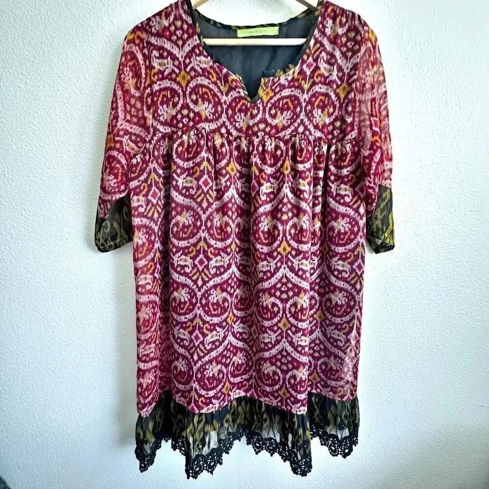 RAPSODIA x JOHNNY WAS | Bright Pink‎ Yellow Brown Ikat Lace Dress | Size Medium